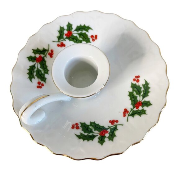 Vtg Candlestick Holders Porcelain Taper Holly Berries Leaves Made in Japan - Picture 5 of 6